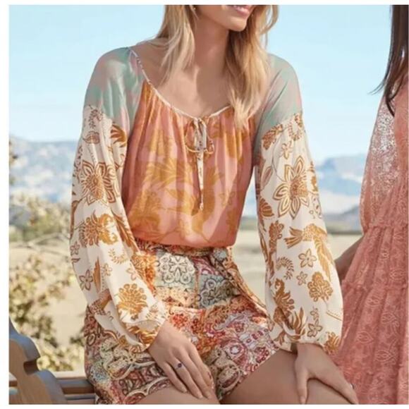 Johnny Was  Waimea Mixed Peasant Top  Size L Boho Long Sleeve - Picture 2 of 9